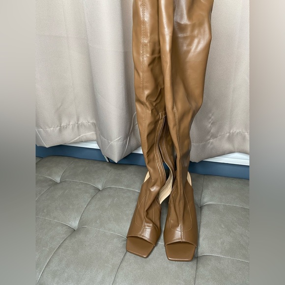 NWOT Olivia Ferguson Brown Open Toe Thigh High BootHeels | Women’s US Size 7 1/2 - Picture 14 of 16